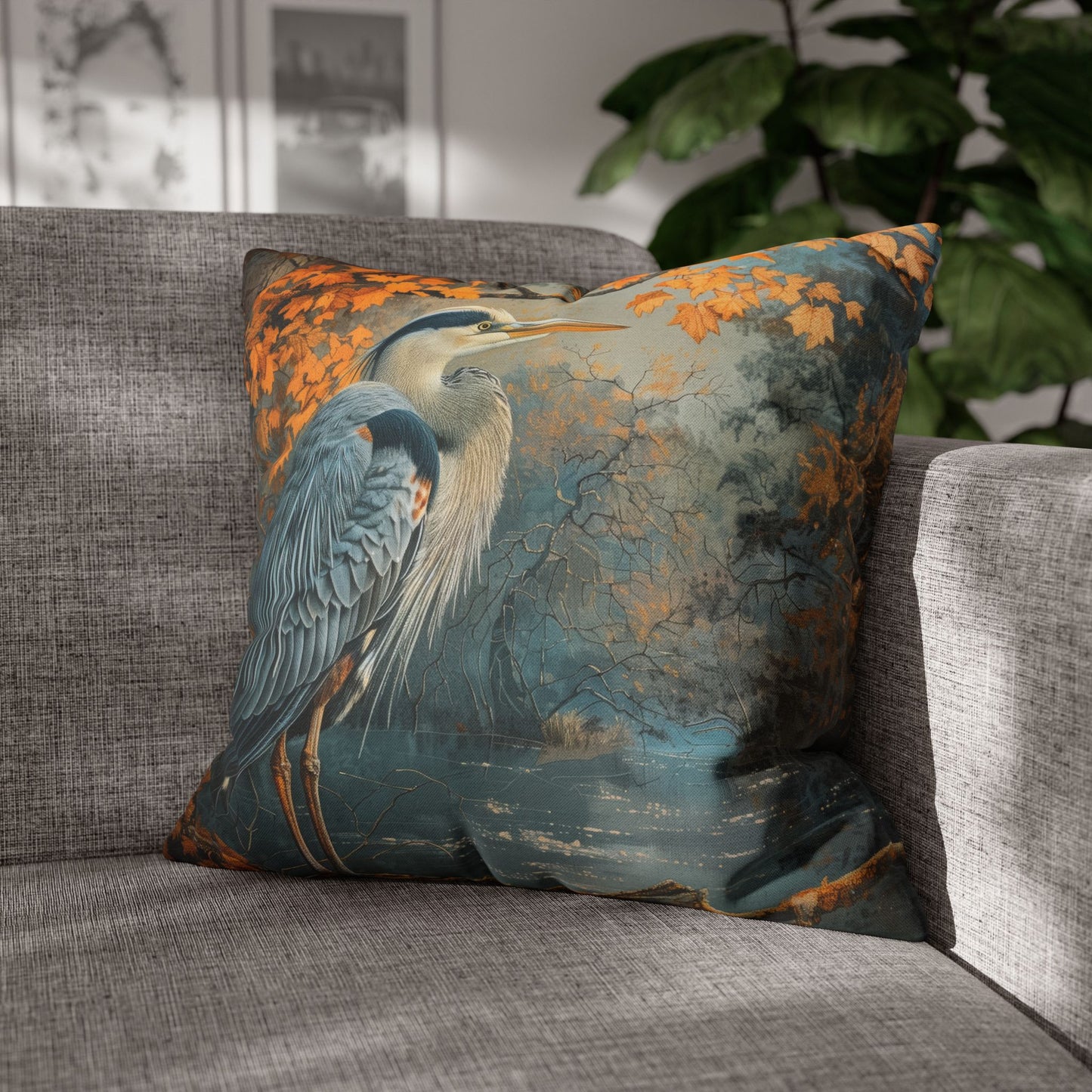 Autumn Heron Throw Pillowcase: Rustic Lake Scene Wildlife Decor