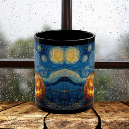 Halloween Pumpkin Art Mug, Black Mug for Halloween Decor, Starry Night Inspired, Spooky Coffee Cup, Gift for Pumpkin Lovers