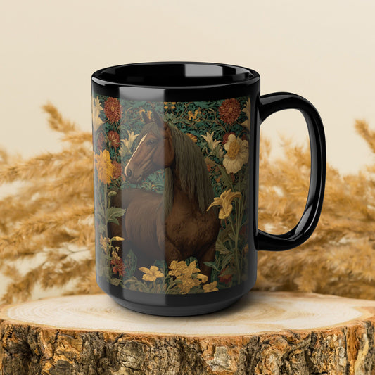 Floral Horse Vintage Botanical Horse Black Mug (11oz, 15oz) Cottagecore Woodland Animal Art