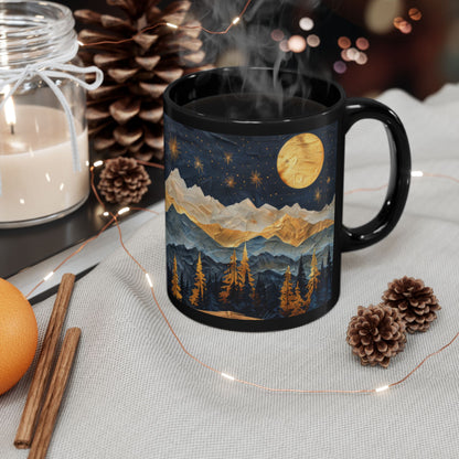 Mountain &amp; Pine Trees Black Coffee Mug, Carved Wood Style Landscape, Starry Night Moonlit Forest Cup, Nature Lover Gift (11oz/15oz)