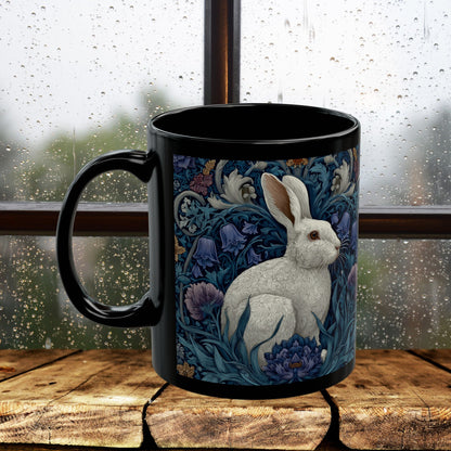 Rabbit Floral Black Mug, Vintage William Morris Style Bunny Coffee Cup (11oz/15oz)