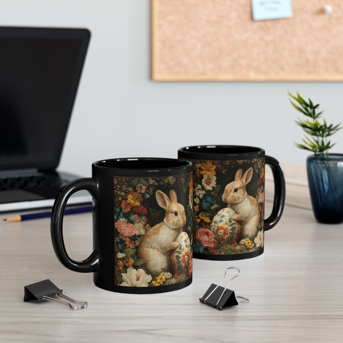 Easter Bunny Floral Black Mug, Vintage Rabbit & Painted Egg Coffee Cup (11oz/15oz)