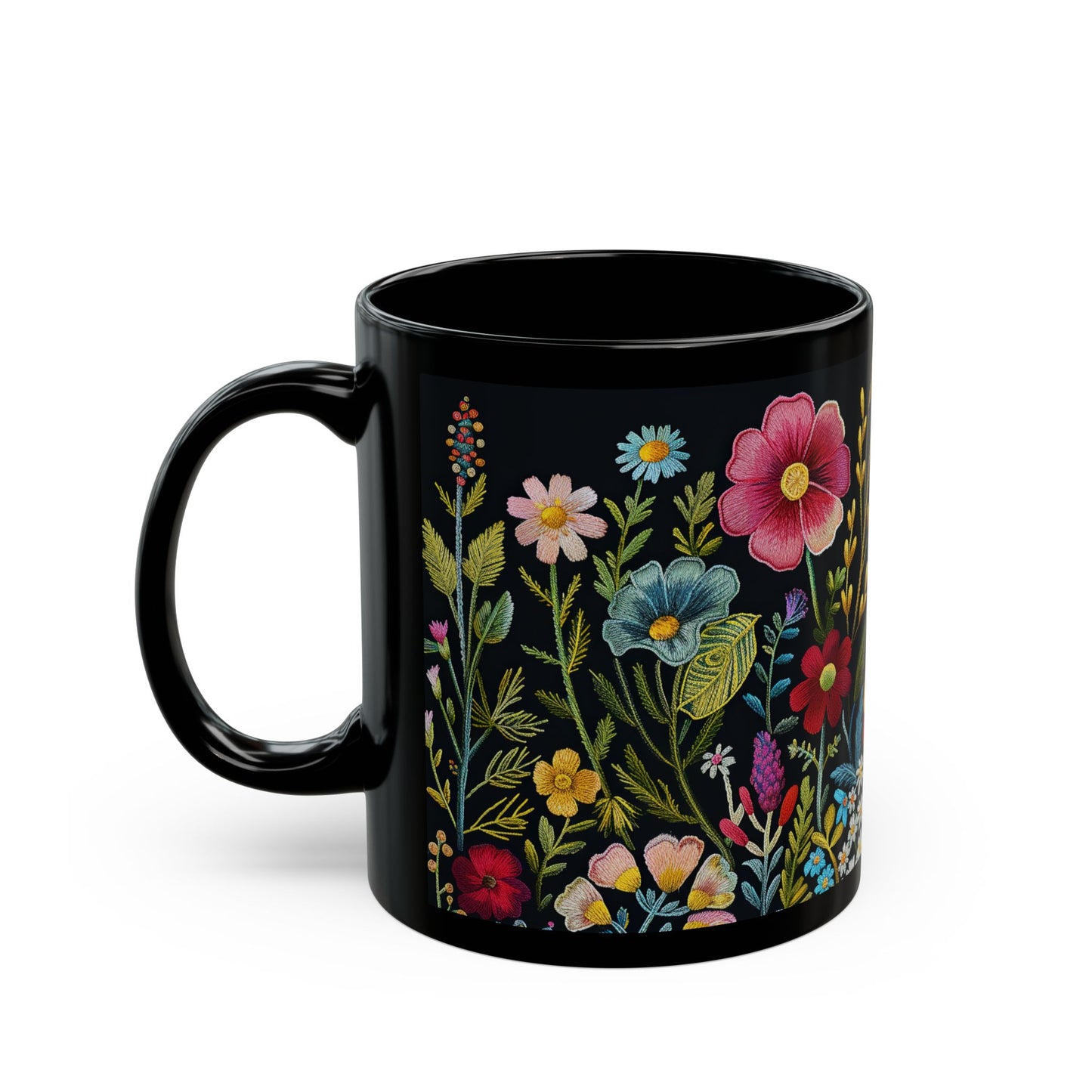 Embroidery Beautiful Wildflowers Black Coffee Mug, Wildflowers Kitchenware Black Mug 11oz, 15oz ,