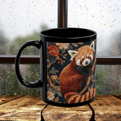 Red Panda Black Mug: William Morris Inspired Forest Design (11oz, 15oz)