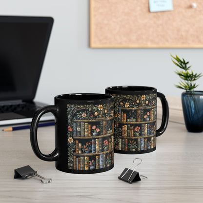 Vintage Bookshelf Mug, William Morris Style Library Black Ceramic Mug, Dark Academia Floral Book Lover Coffee Cup 11oz & 15oz