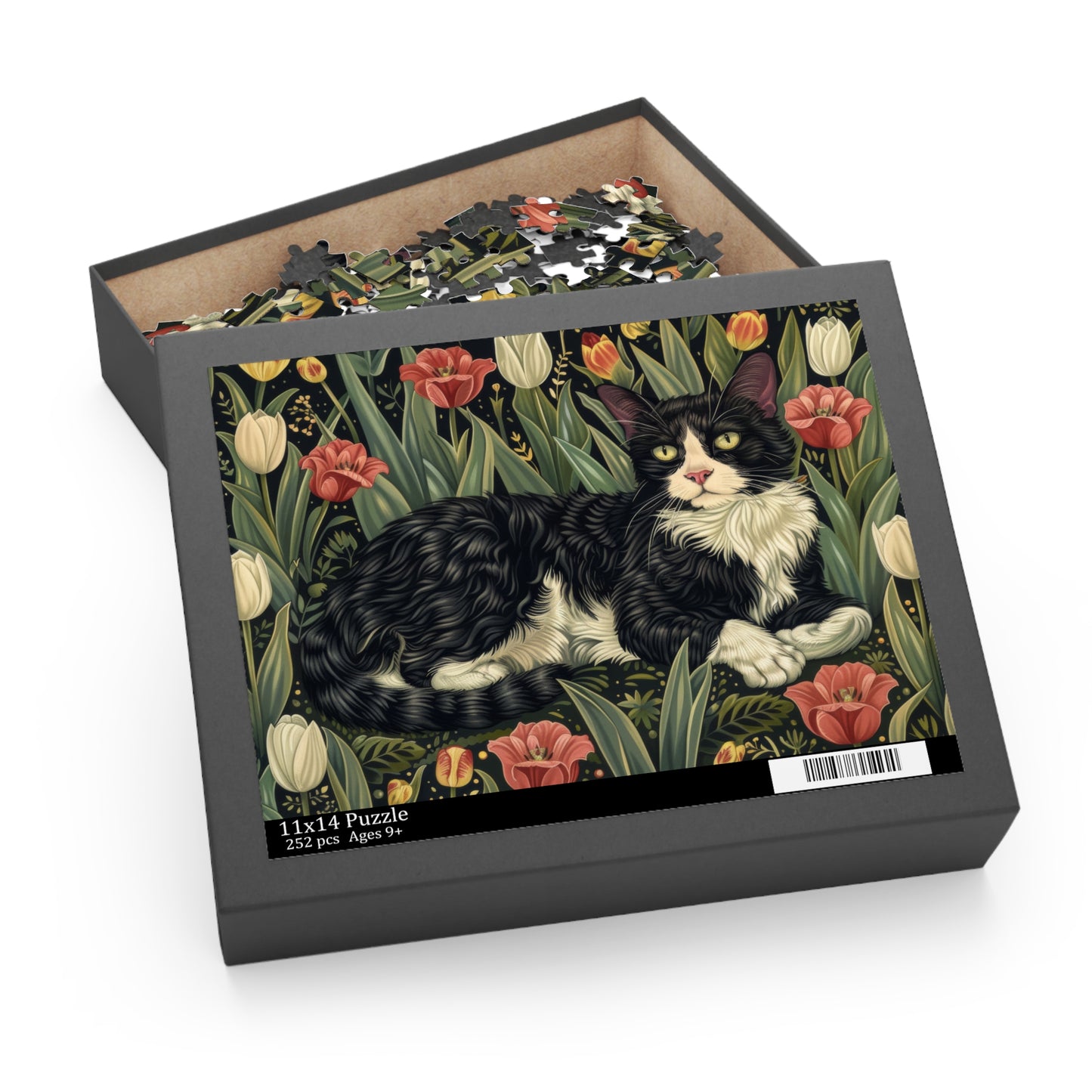 Tuxedo Cat Tulips Field in William Morris Style (120, 252, 500-Piece) Adult Jigsaw Puzzle, Gift Him Her