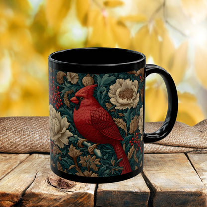 Red Cardinal Coffee Mug William Morris Inspired Floral Black Ceramic Cup (11oz, 15oz)