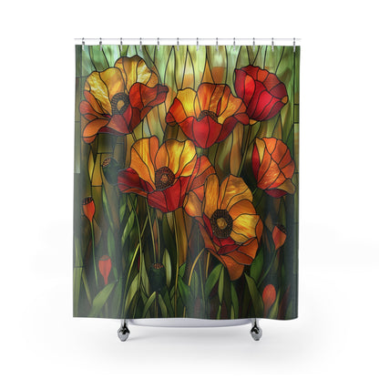 Faux Stained Glass Of Poppies Polyester Shower Curtain