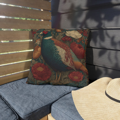 Pheasant & Peony Outdoor Pillow, Dark Academia Floral Botanical Cushion