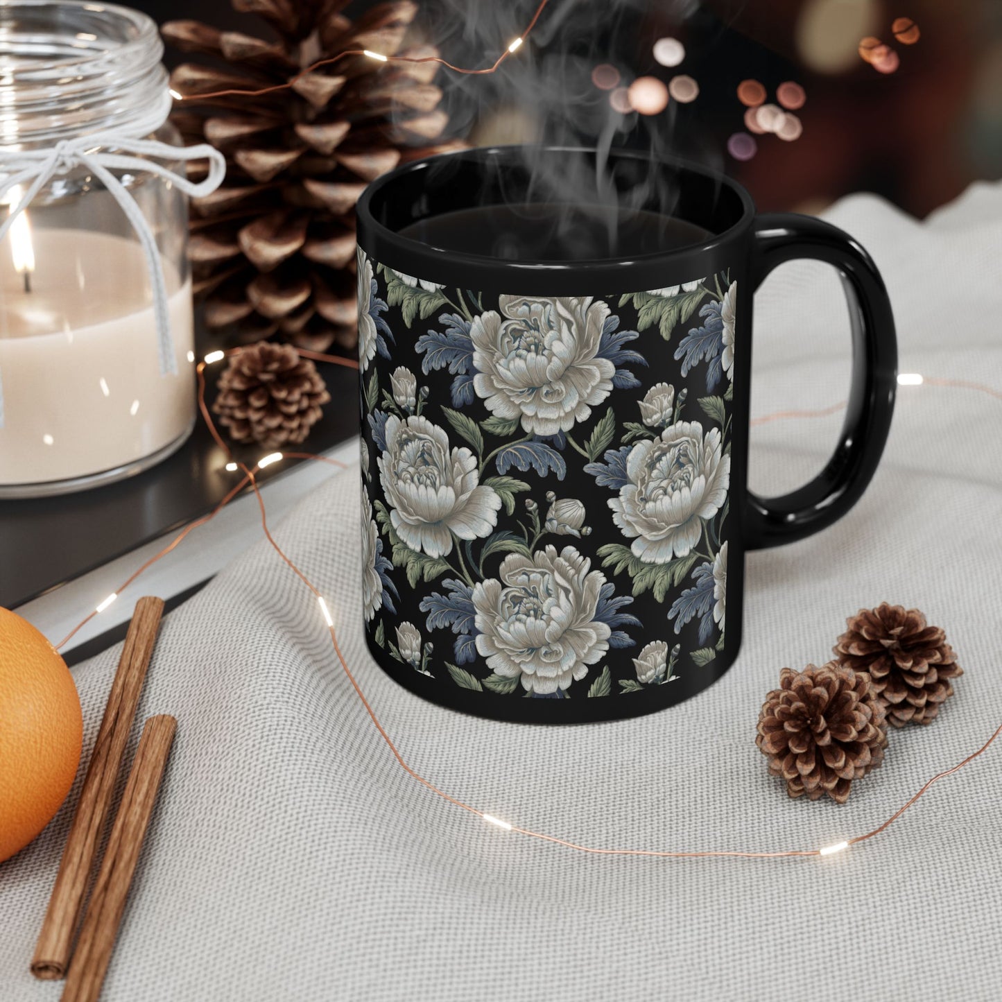 Vintage Roses Pattern Embroidery Black Mug 11oz