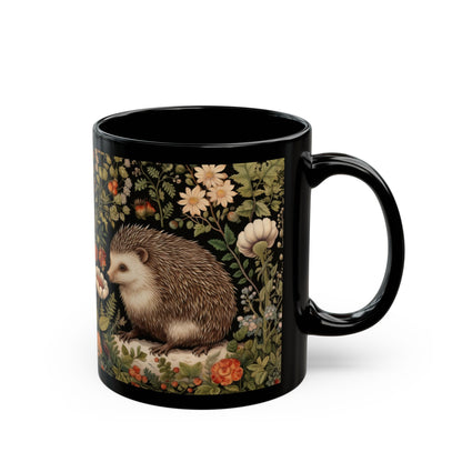 William Morris Inspired Botanical Hedgehog Black Coffee Mug For Her Him Ceramic Mug Black Mug 11oz, 15oz