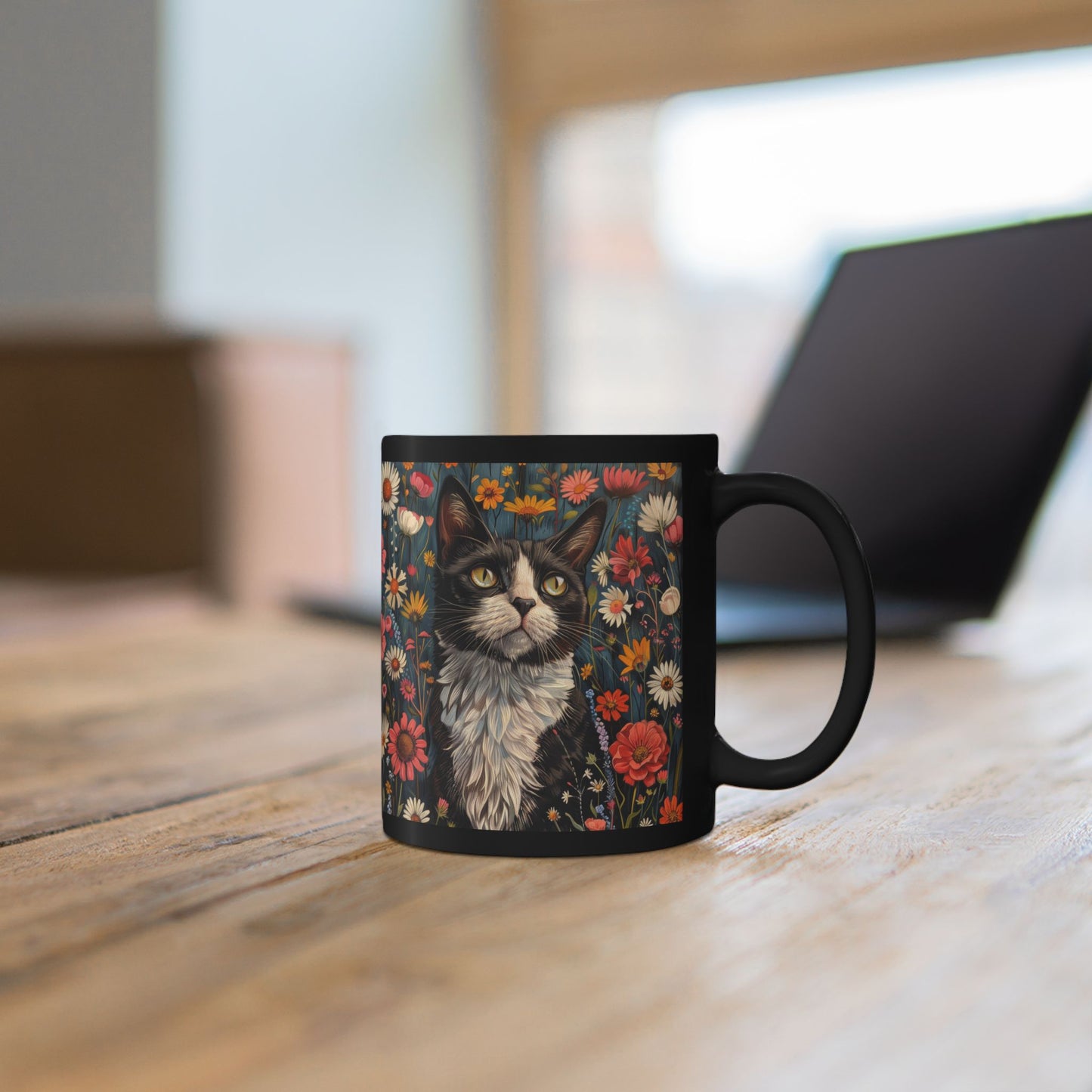 Tuxedo Cat Floral Mug, Vintage Botanical Cat Coffee Mug, William Morris Inspired Black Ceramic Mug 11oz & 15oz