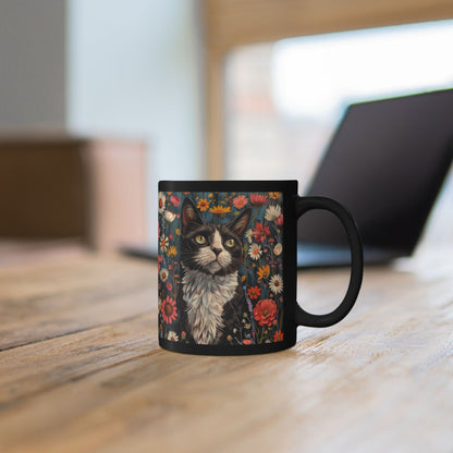 Tuxedo Cat Floral Mug, Vintage Botanical Cat Coffee Mug, William Morris Inspired Black Ceramic Mug 11oz & 15oz