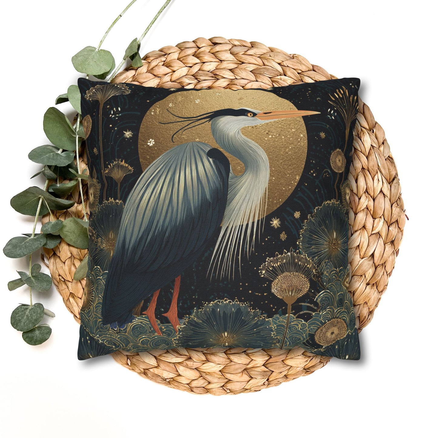 Heron Moon Decorative Pillowcase, Elegant Coastal Throw Pillow Cover