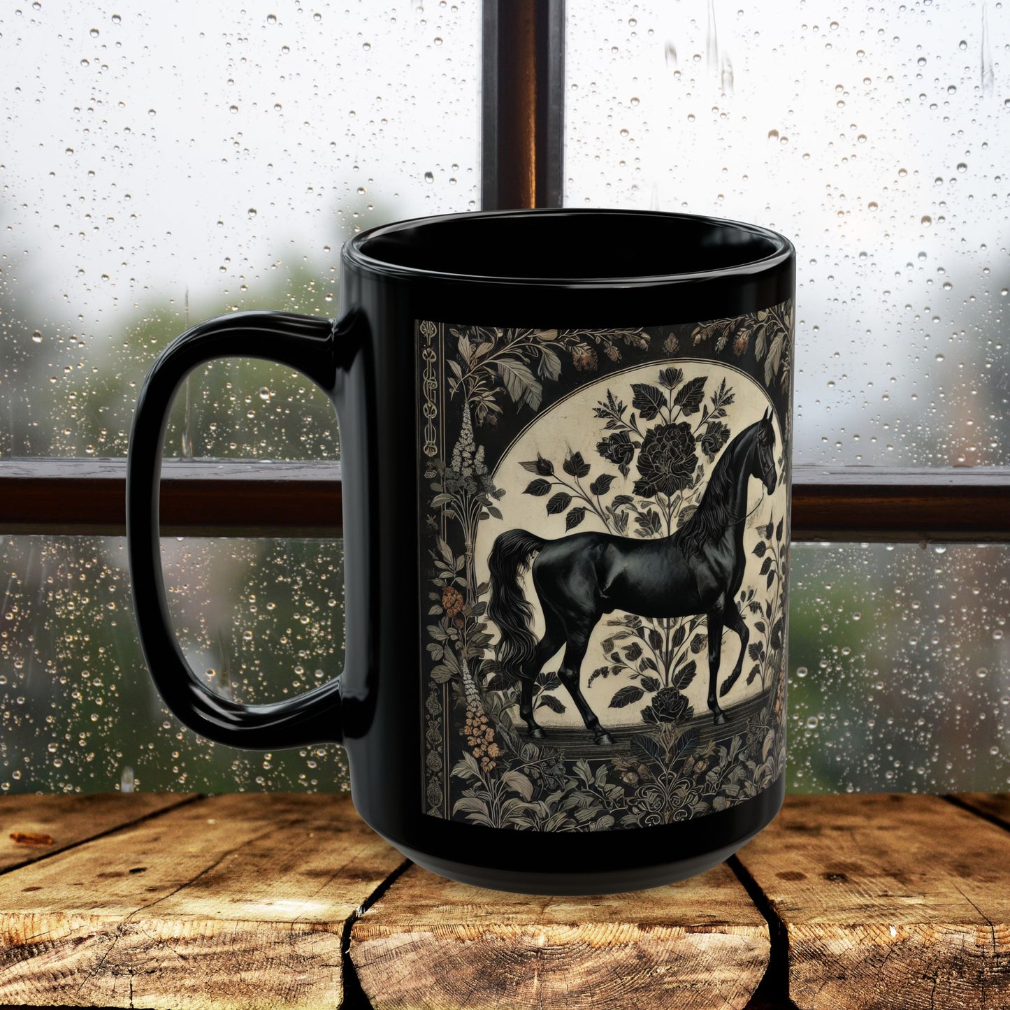Botanicals Arabian Black Horse William Morris Inspired Black Coffee Cup 11oz, 15oz