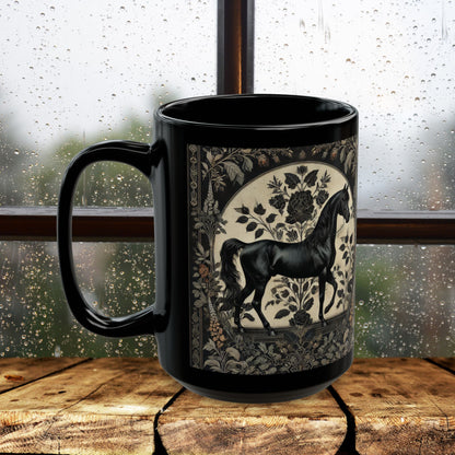 Botanicals Arabian Black Horse William Morris Inspired Black Coffee Cup 11oz, 15oz