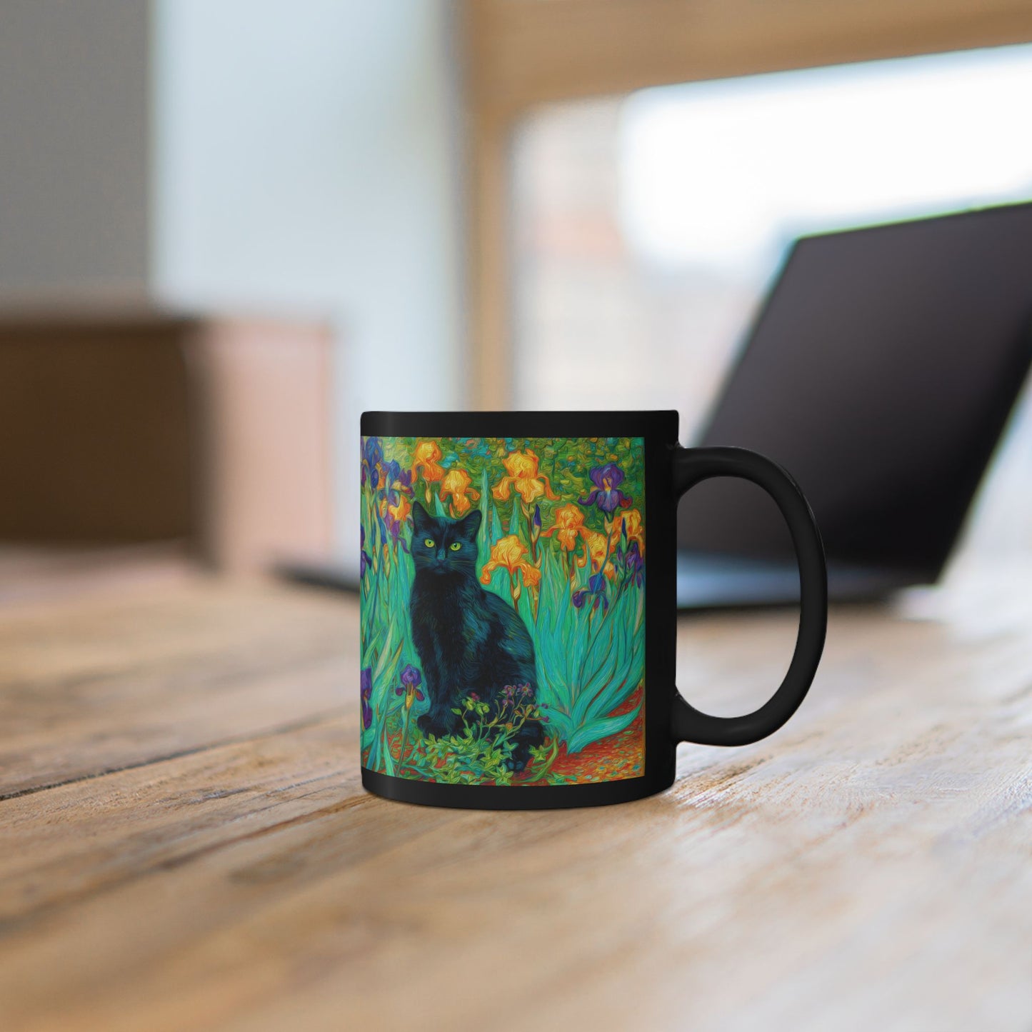 Black Cat Iris Mug, Van Gogh Inspired Cat Art Mug, Colorful Impressionist Floral Black Ceramic Mug, Artistic Cat Lover Gift, 11oz & 15oz