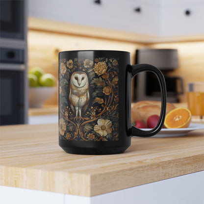 William Morris Inspired Botanical Barn Owl Black Coffee Mug | Mystical Owl Black Mug 11oz, 15 oz