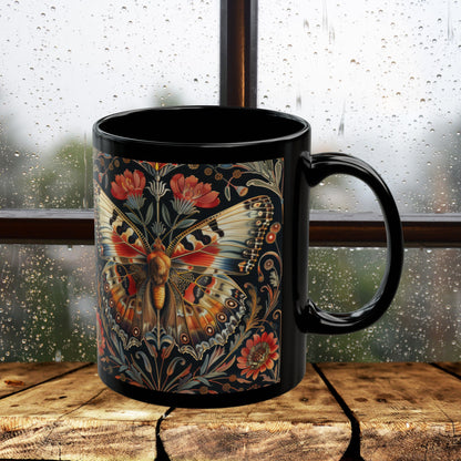 William Morris Inspired Botanical Butterfly Black Mug 11 oz. , 15 oz