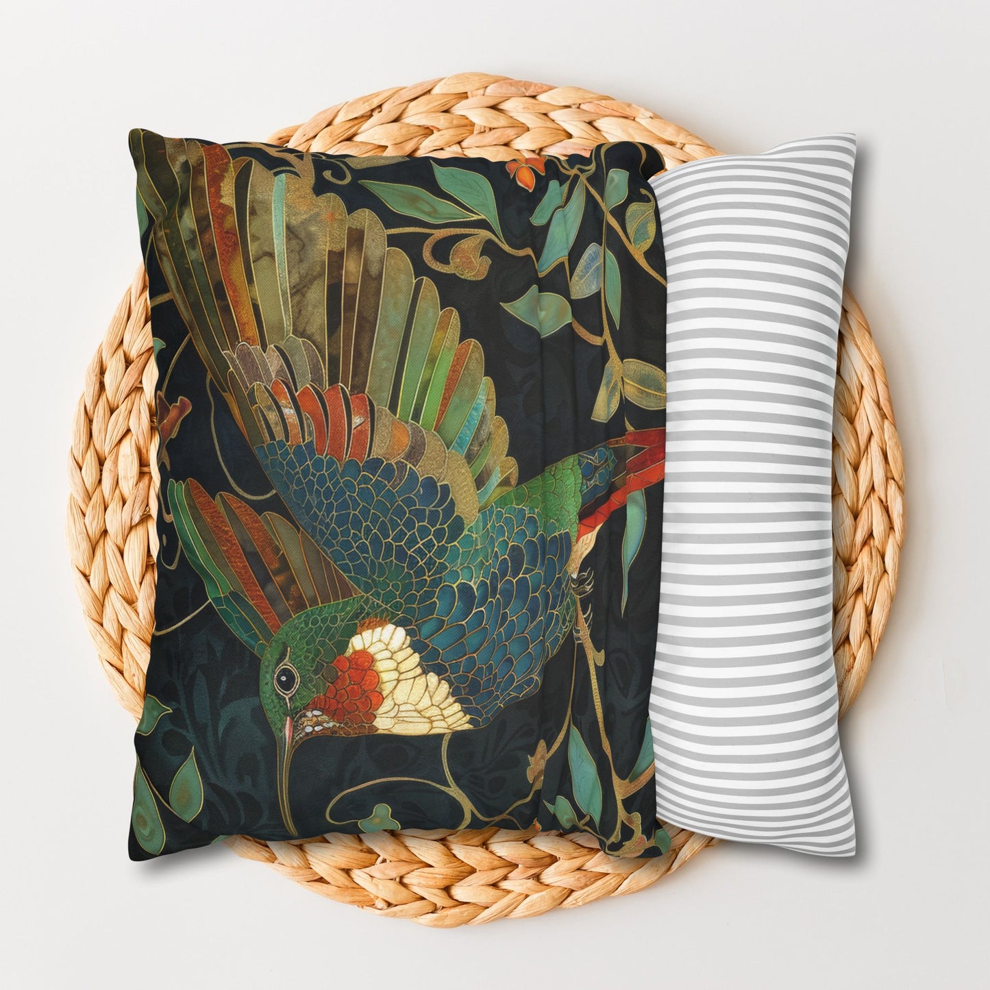 Art Nouveau Vibrant Hummingbird Pillowcase, Nature-inspired Home Decor, Throw Pillow for Living Room