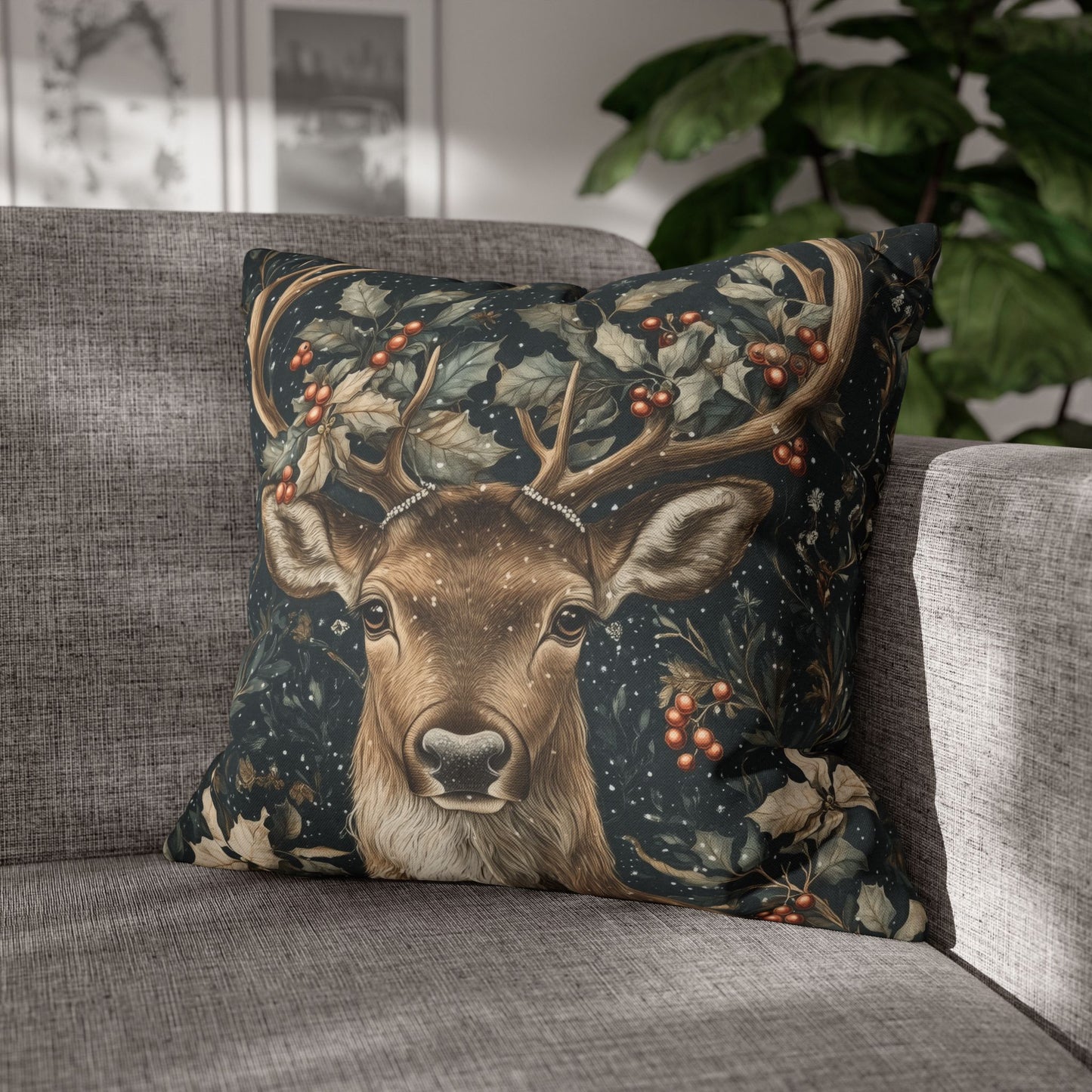 Christmas Reindeer Winter Pillowcase, William Morris Style Festive Woodland Decorative Cushion