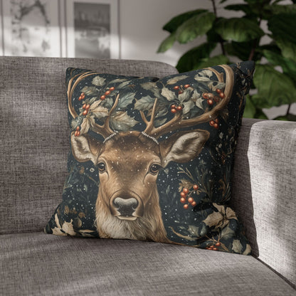 Christmas Reindeer Winter Pillowcase, William Morris Style Festive Woodland Decorative Cushion