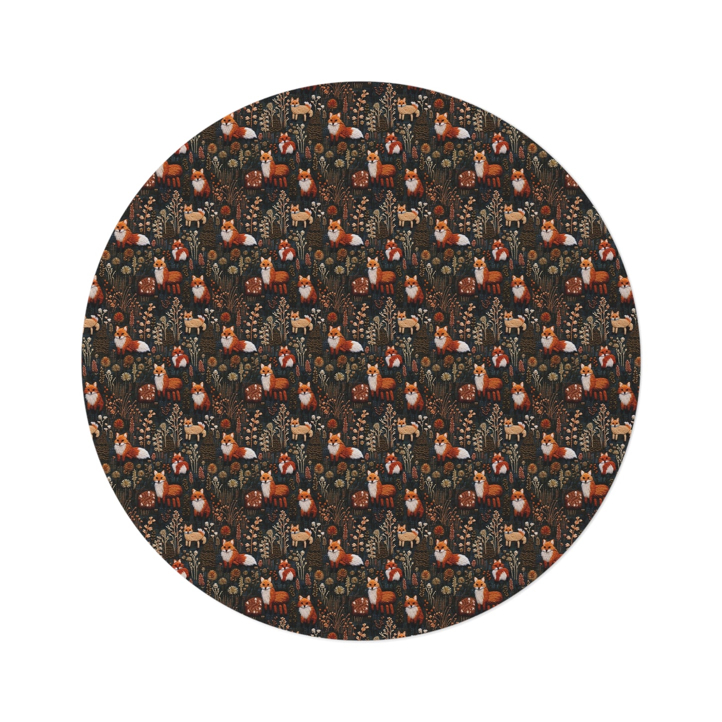 Embroidered Foxes Round Rug, Woodland Cottagecore Area Rug, Living Room Decor, Boho Nursery Rug, Nursery Decor, Circular Fox Rug, Rustic