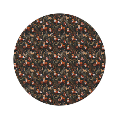 Embroidered Foxes Round Rug, Woodland Cottagecore Area Rug, Living Room Decor, Boho Nursery Rug, Nursery Decor, Circular Fox Rug, Rustic