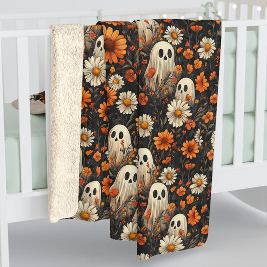 Cottagecore Boho Halloween Cute Ghost Daisies Sherpa Fleece Blanket, Halloween Decor, Autumn Cozy Home Decor, Halloween Fall Gift