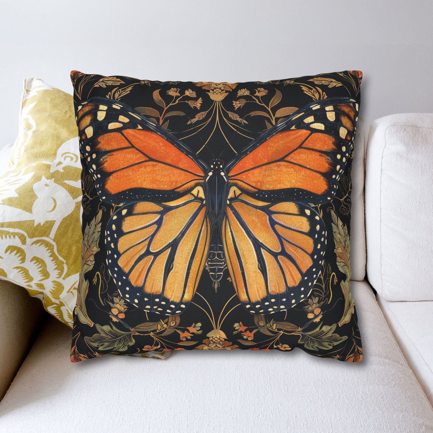 Woodland Monarch Butterfly Floral Botanical in the Style of William Morris Pillowcase