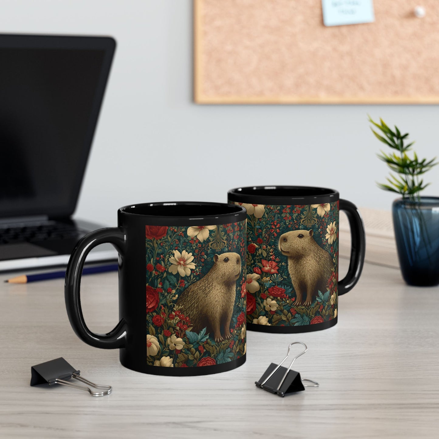 Floral Capybara Mug, Black Ceramic Woodland Coffee Cup 11oz & 15oz, Cute Nature Animal Art Gift with Vintage Botanical Flowers