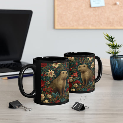 Floral Capybara Mug, Black Ceramic Woodland Coffee Cup 11oz & 15oz, Cute Nature Animal Art Gift with Vintage Botanical Flowers