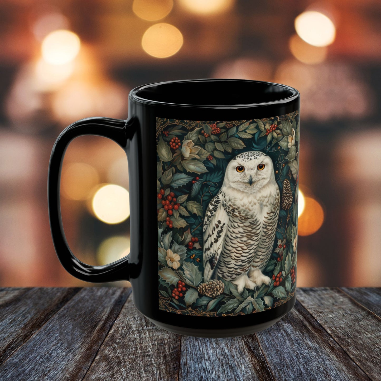 Snowy Owl Winter Mug: Black Ceramic Holiday Coffee Cup (11oz,15oz)