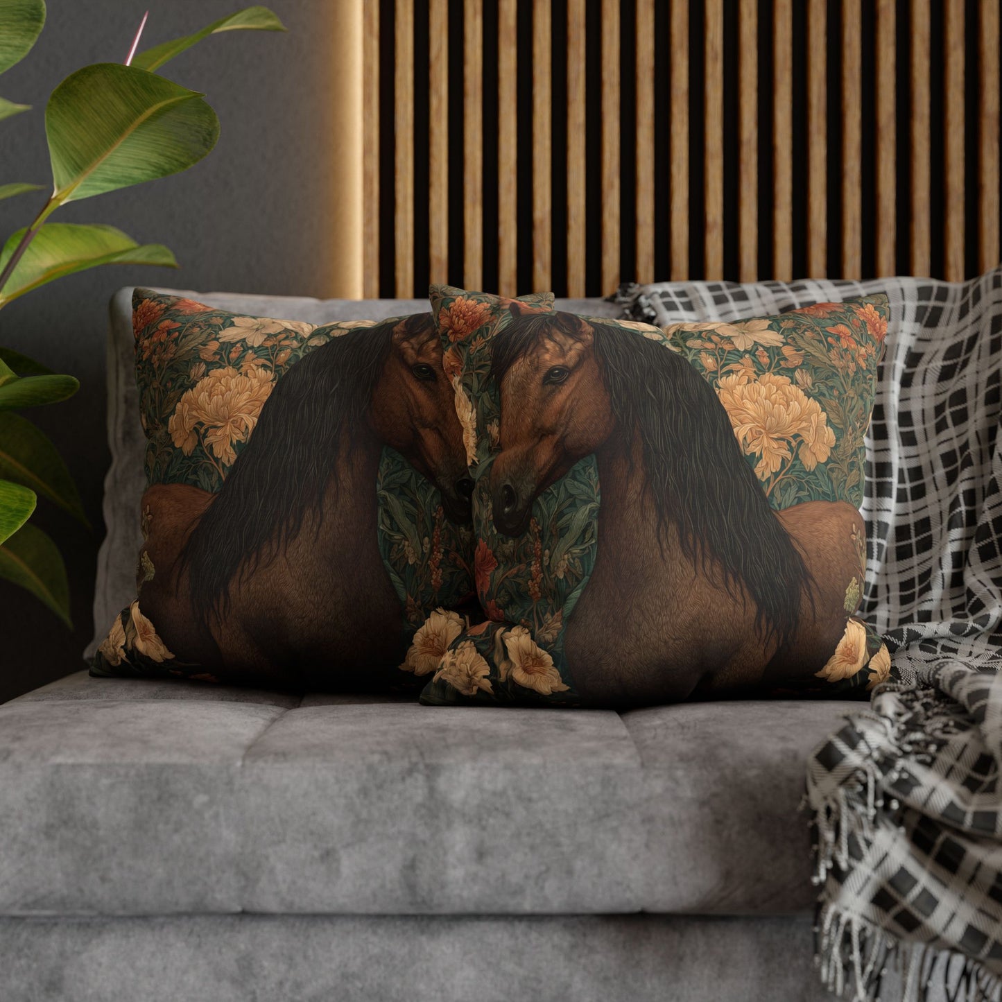 Majestic Horse Floral Pillow, William Morris Style Botanical Equestrian Cushion