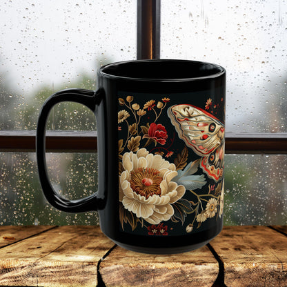 William Morris Inspired Moth Peony Embroidery Black Mug (11oz, 15oz)