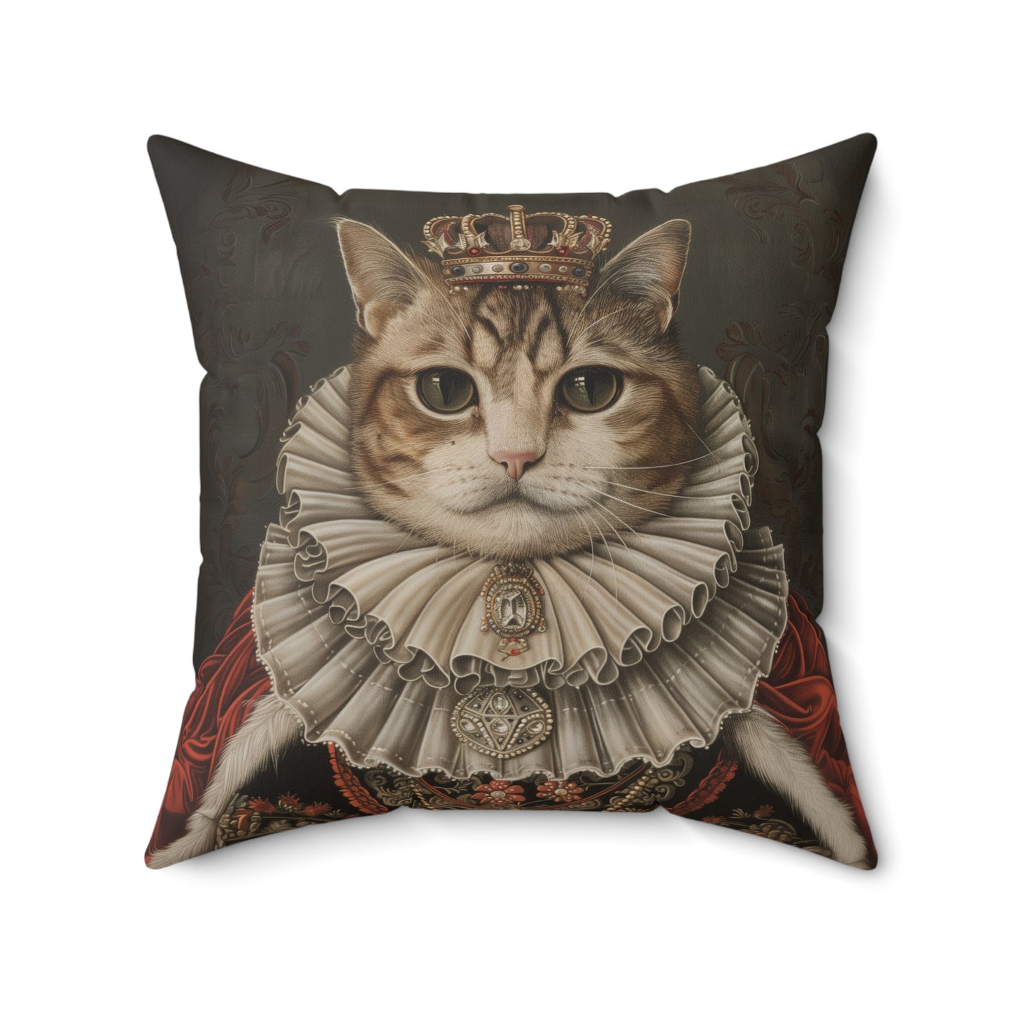Royal Cat Decorative Pillow,  Aristocratic Kitty Cushion in Crown & Renaissance Attire, Whimsical Pet Portrait Home Décor