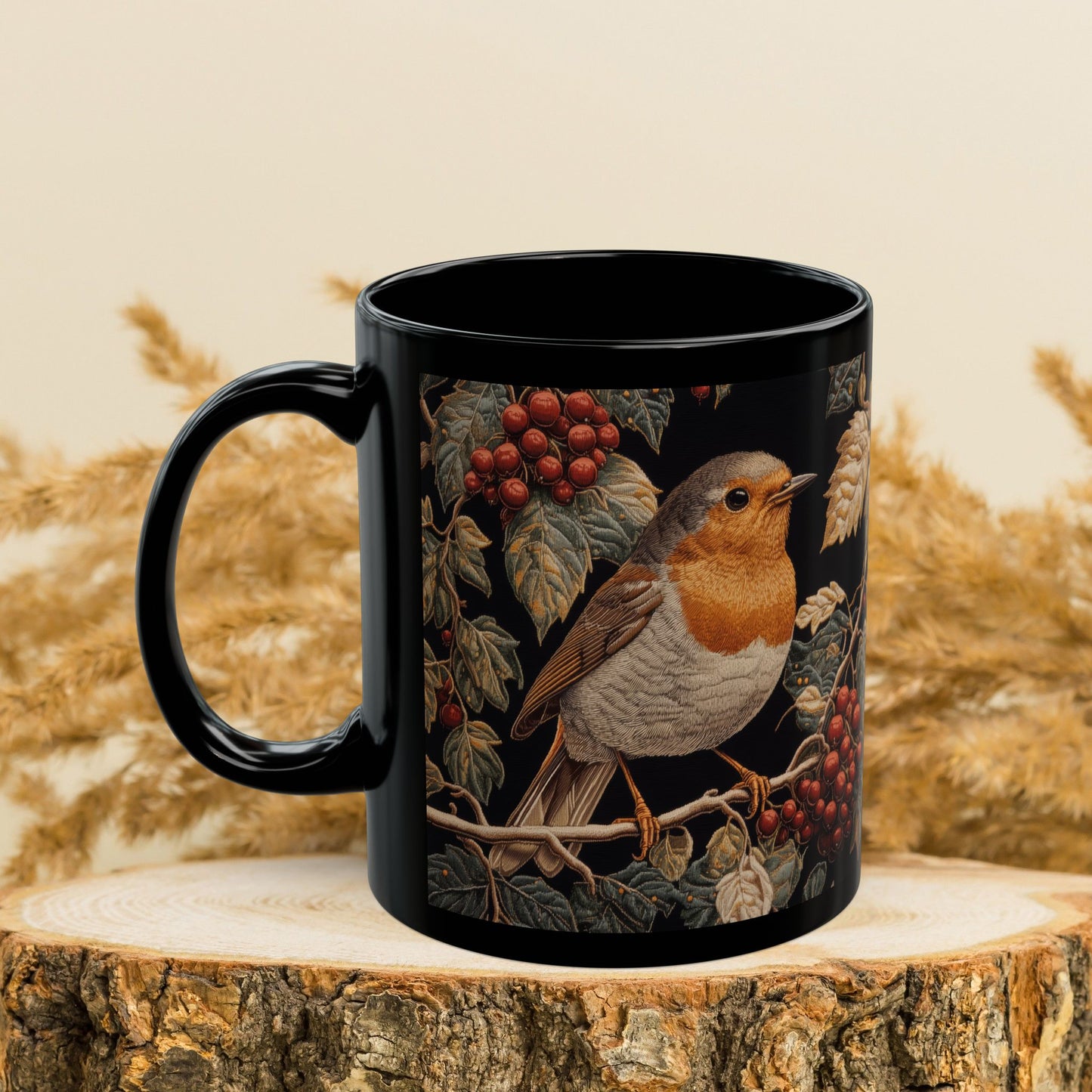 Winter Robin Black Coffee Mug, Red Berries Bird Art Cup, Woodland Nature Lover Gift, Christmas Tea Mug, Cozy Wildlife Ceramic (11oz/15oz)