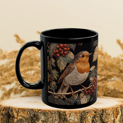 Winter Robin Black Coffee Mug, Red Berries Bird Art Cup, Woodland Nature Lover Gift, Christmas Tea Mug, Cozy Wildlife Ceramic (11oz/15oz)