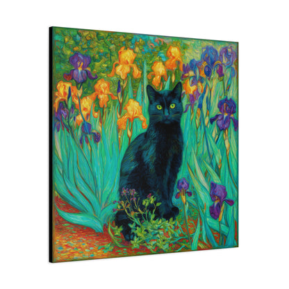 Black Cat Among Irises, Vibrant Floral Canvas Wall Art, Matte Stretched Canvas 1.25"