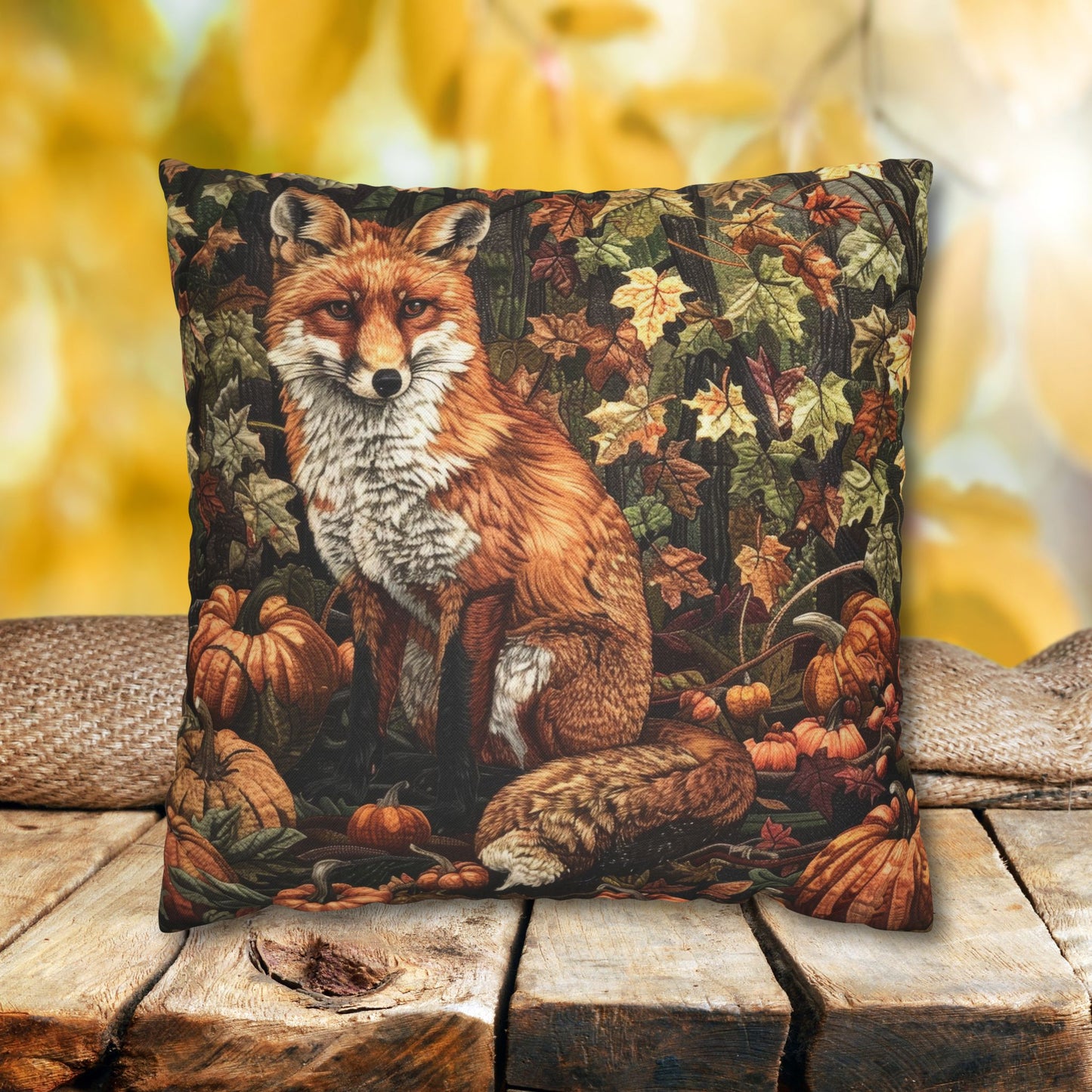 Fox in a Pumpkin Patch William Morris Inspired, Decorative Fall Pillow Decor, Spun Polyester Square Pillowcase