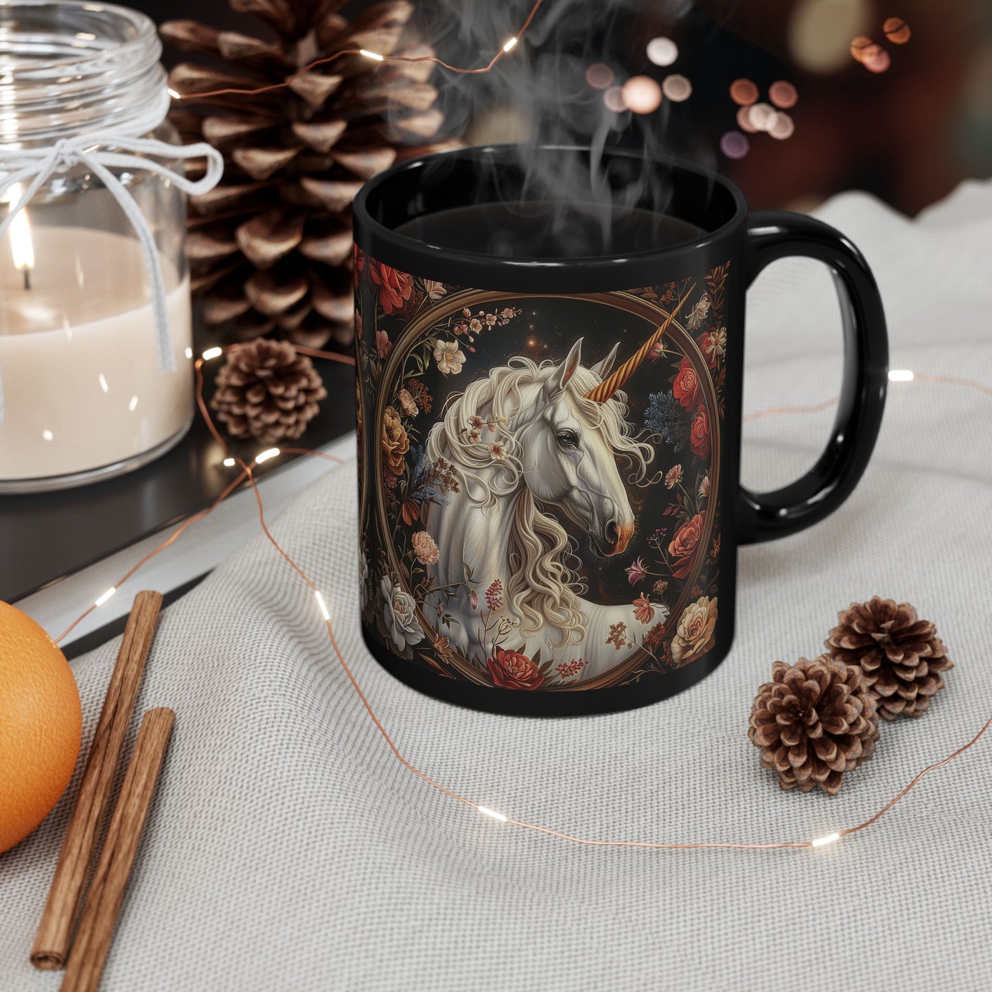 William Morris Inspired Victorian White Unicorn Botanical Black Coffee Mug 11oz, 15oz - Unique Gift for Tea Lovers, Floral Mug, Gift for