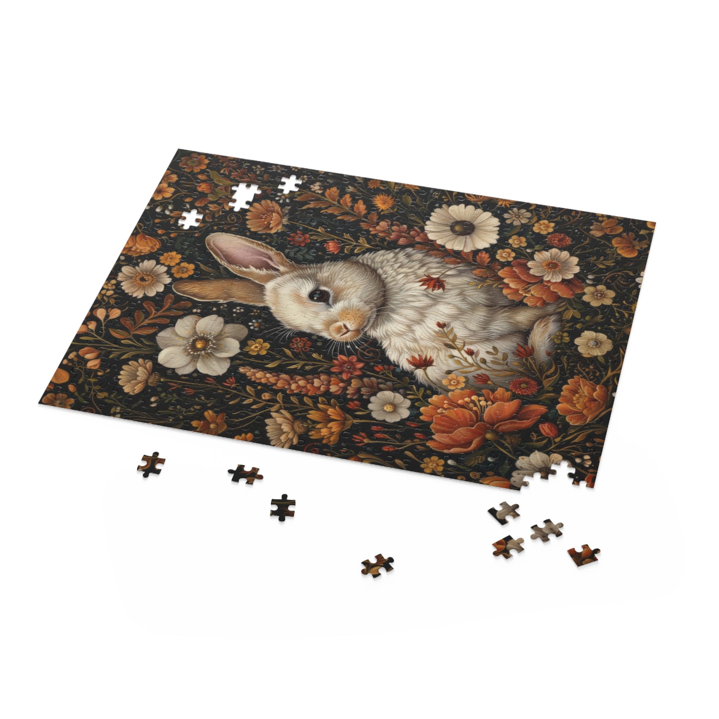 William Morris Inspired Fall Flowers Bunny Jigsaw Puzzle Box Gift (120 252 500-Piece) Mindfulness Activity, Family Fun, Home Decor,