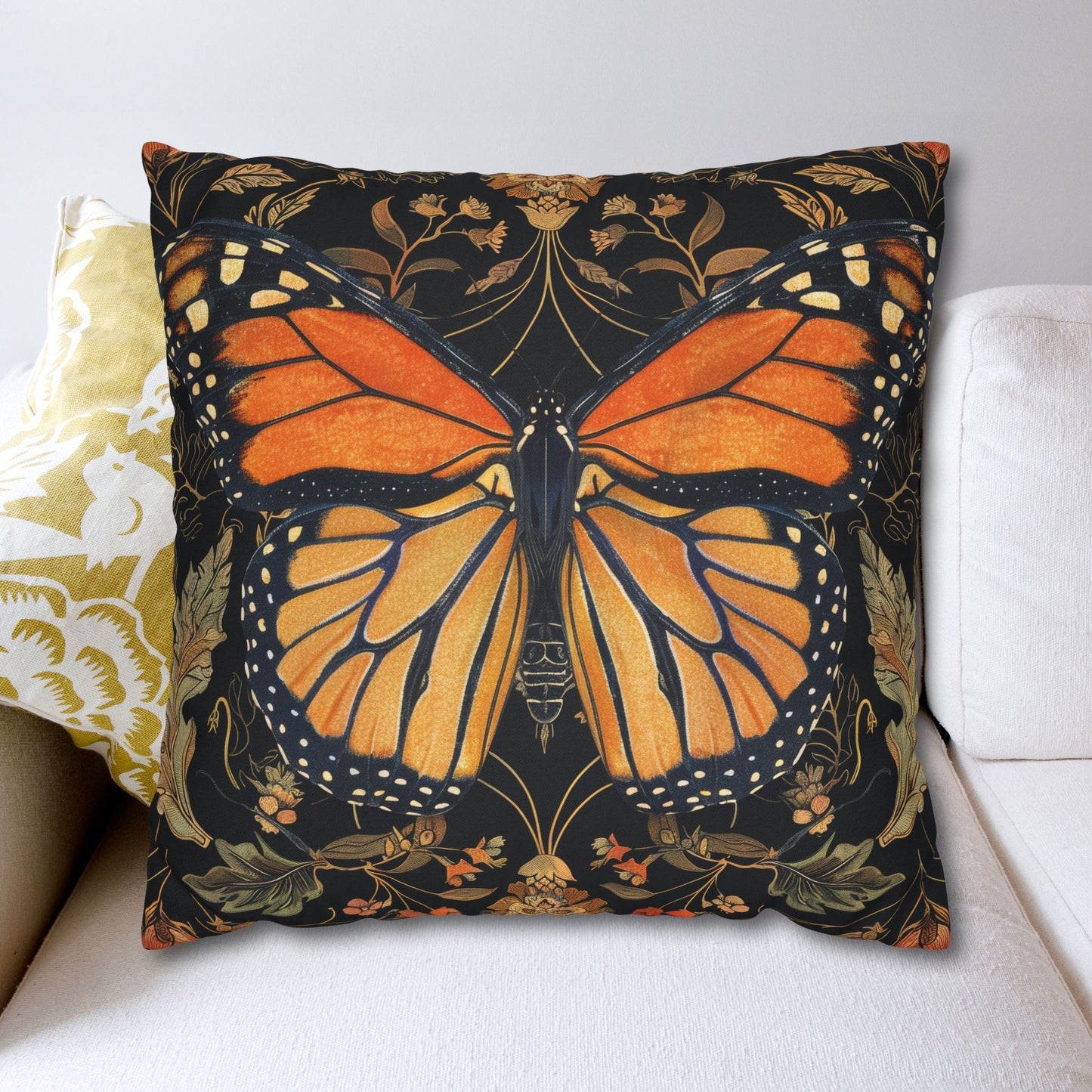 Woodland Monarch Butterfly Floral Botanical in the Style of William Morris Pillowcase