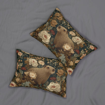 Vintage Floral Capybara Lumbar Pillow, Botanical Animal Accent Cushion