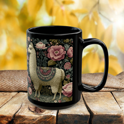 Botanical Llama Coffee Mug, William Morris Inspired Floral Black Ceramic Cup (11oz, 15oz)