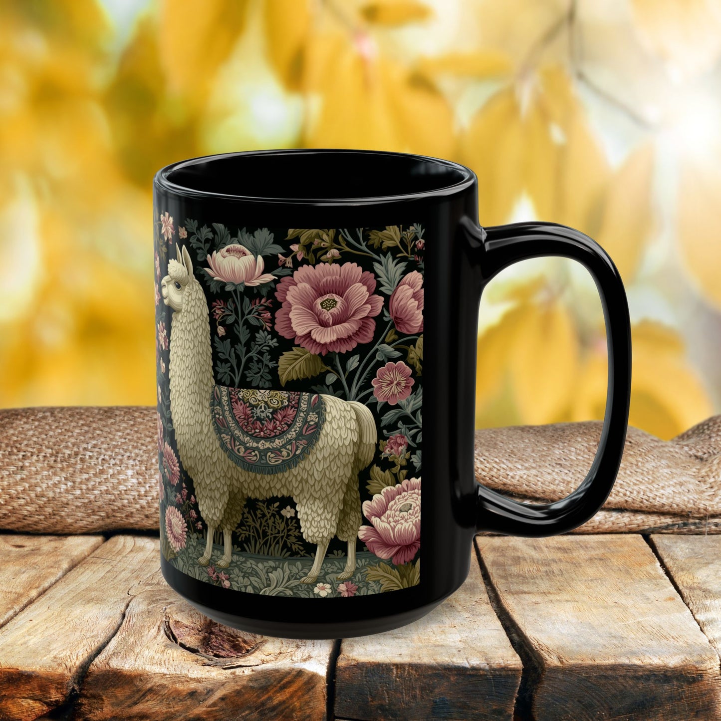 Botanical Llama Coffee Mug, William Morris Inspired Floral Black Ceramic Cup (11oz, 15oz)