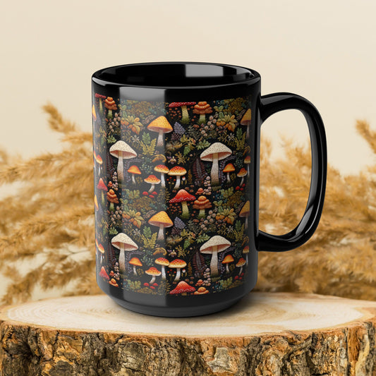 Wild Mushroom Embroidery Pattern Black Coffee Mug, Cottagecore Mushrooms Kitchenware Black Mug 11oz, 15 oz