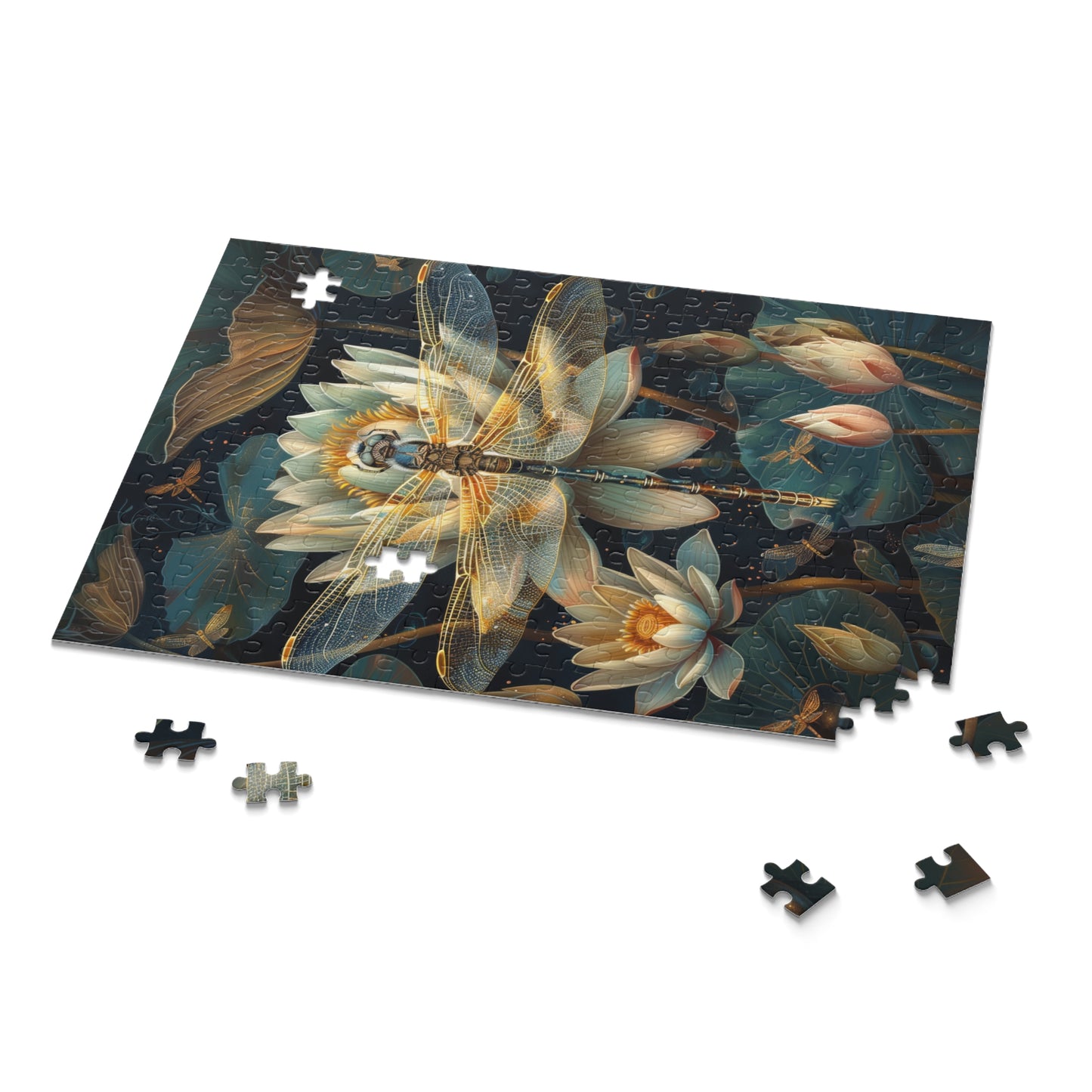 Art deco of Dragonfly Water Lily Jigsaw Puzzle (120, 252, 500-Piece) Family Jigsaw Puzzle, Puzzle Box Gift