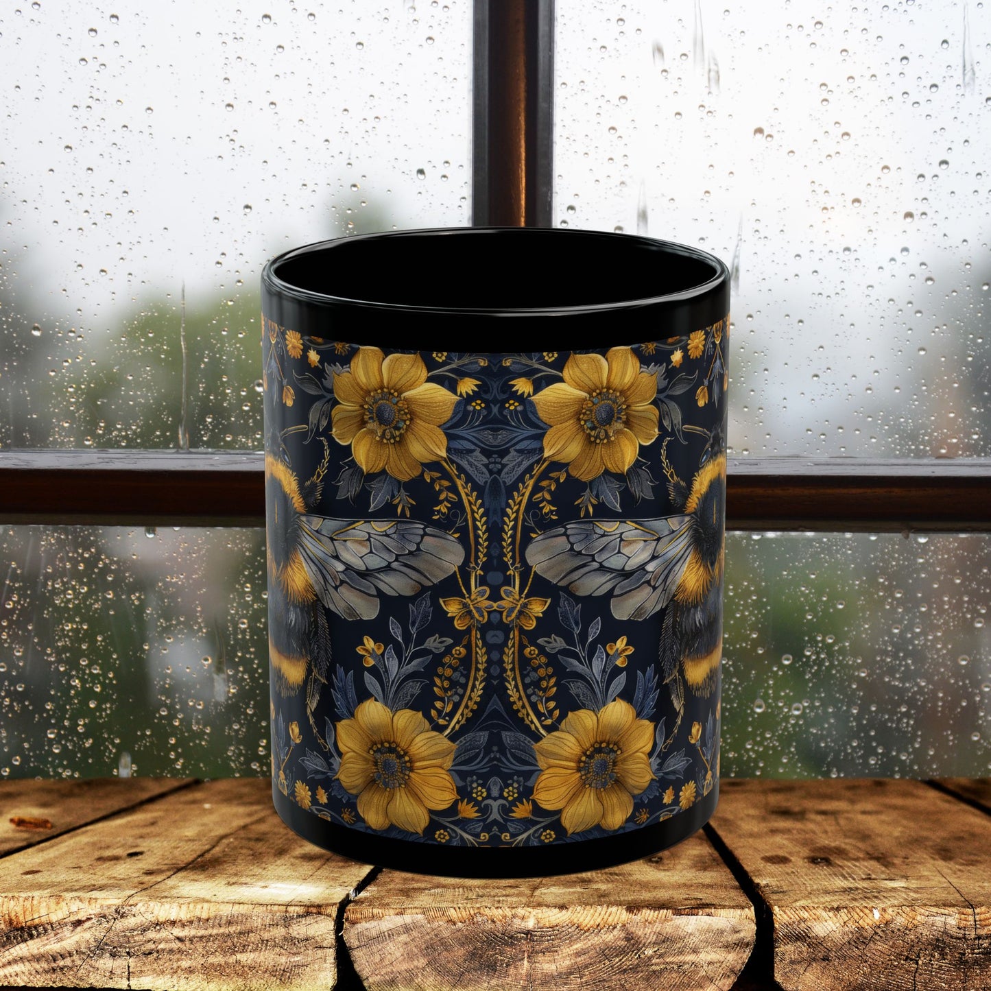 Bumblebee Gold Botanicals William Morris Inspired Black Coffee Mug For Her Him Ceramic Mug Black Mug 11oz, 15oz