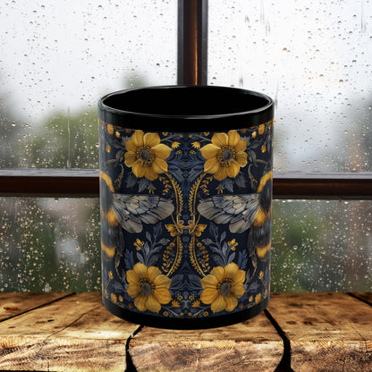 Bumblebee Gold Botanicals William Morris Inspired Black Coffee Mug For Her Him Ceramic Mug Black Mug 11oz, 15oz